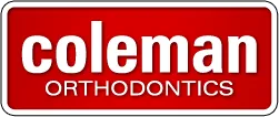 Coleman Orthodontics logo: White text on a red background with a rounded white border.