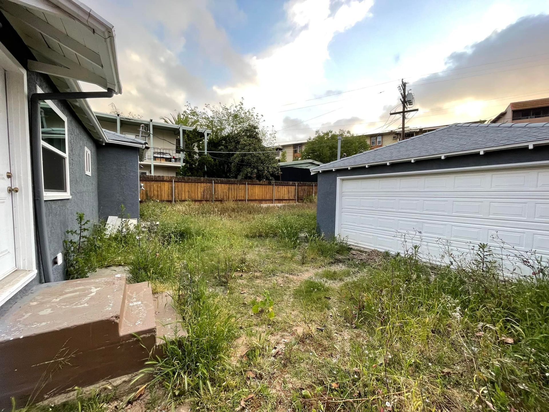 Backyard with overgrown grass, small buildings. Overcast sky.