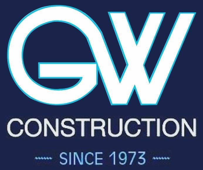 Logo for GW Construction. White "GW" over "CONSTRUCTION" and "SINCE 1973" on dark blue background.