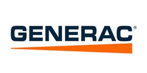 Generac logo: navy blue text above a horizontal orange arrow on a white background.