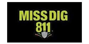 MISS DIG 811 logo: green text on black background with a stylized emblem at the bottom.