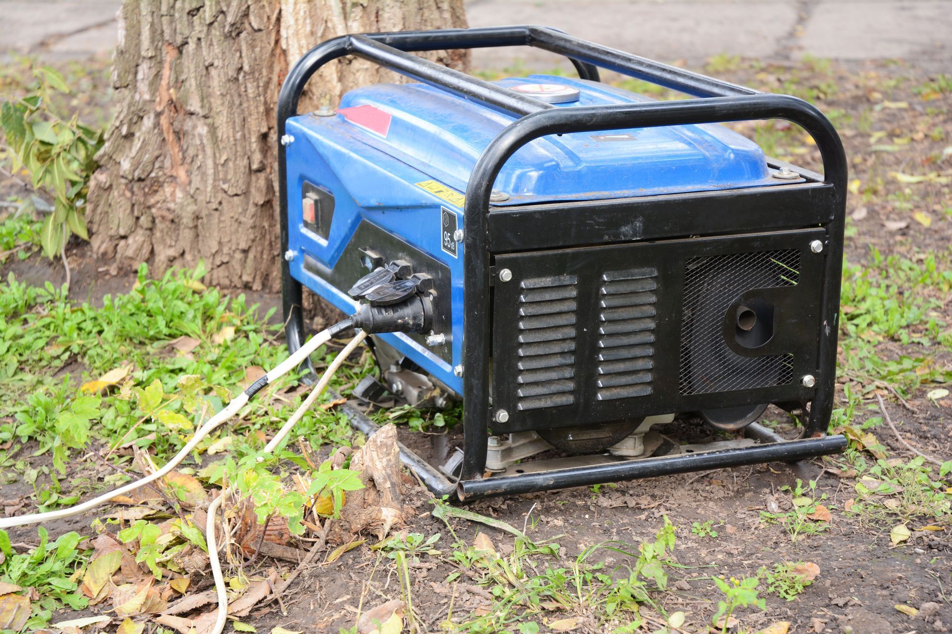 Blue portable generator sitting on grass next to a tree.