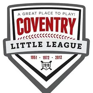 Coventry Little League shield logo in red, black, and white with “A Great Place to Play!” and founding dates