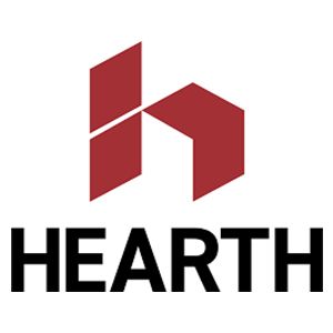 HEARTH logo with a red geometric house icon above bold black text