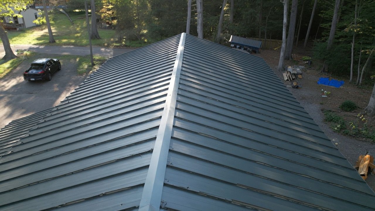 Aerial view of a green metal roof in a wooded yard, with a car parked nearby.
