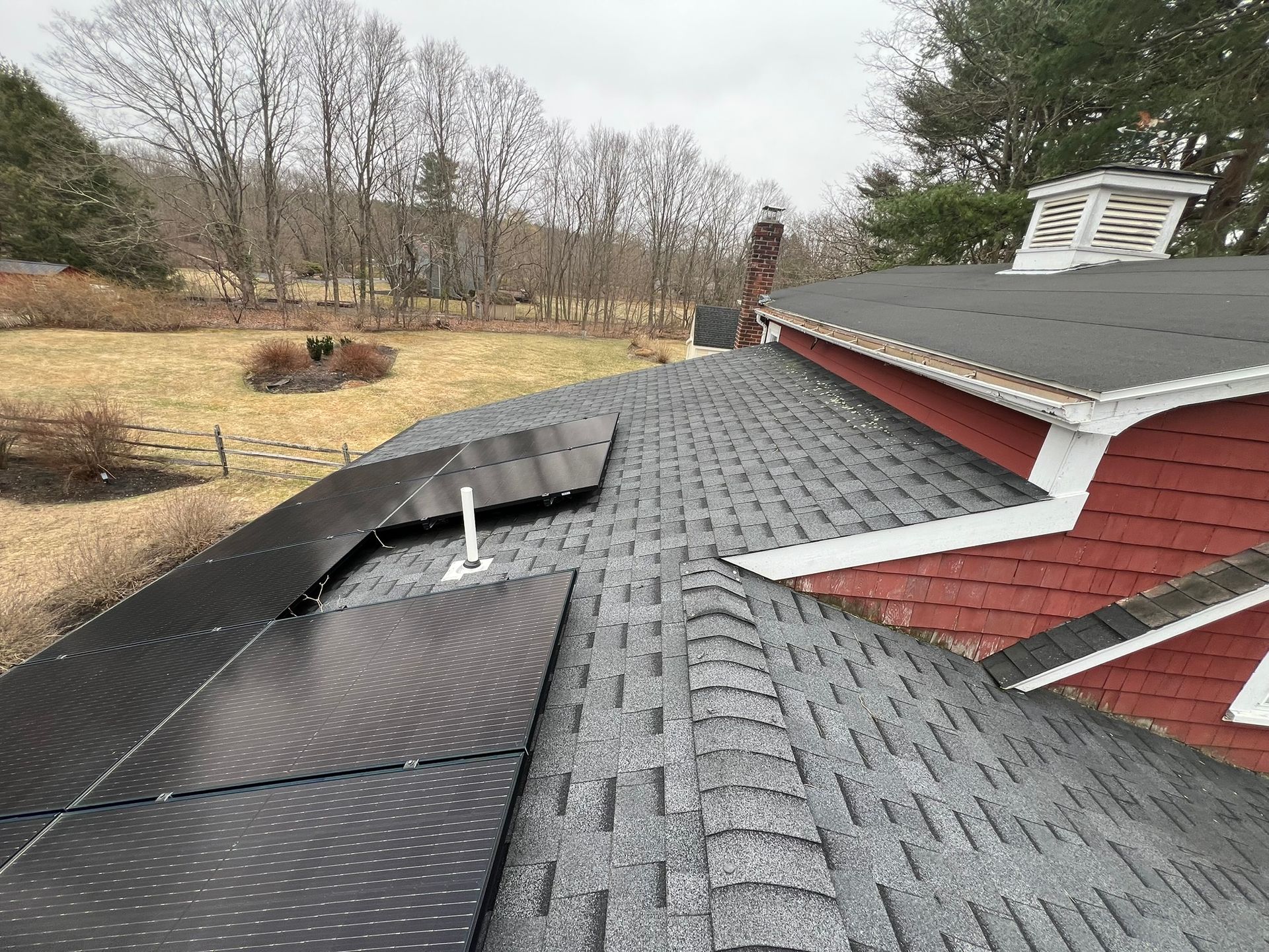 Rooftop view with black shingles, a skylight, red siding, and bare trees in the background
