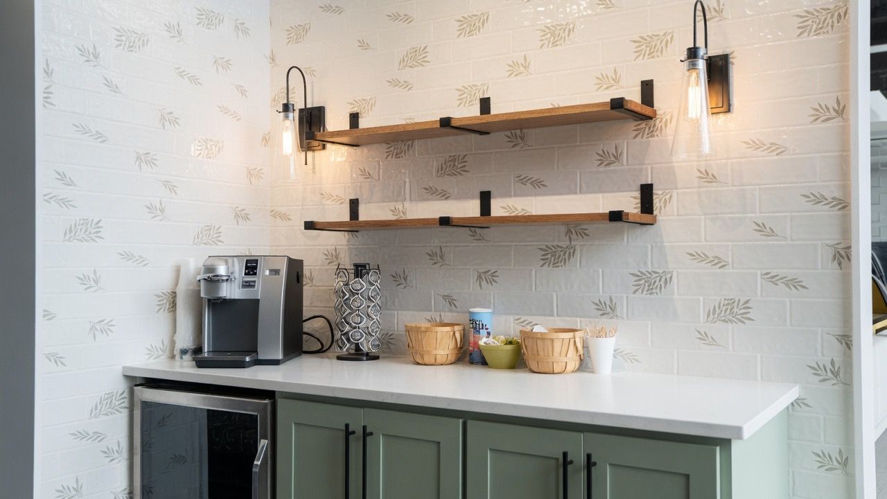Kitchen counter with coffee maker, jars, and shelves against patterned wallpaper and black wall sconces
