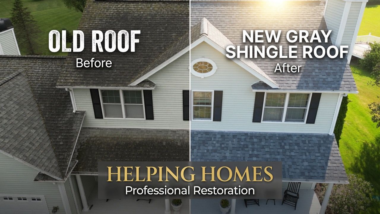 Before-and-after aerial view of home roof replacement: old roof on left, new gray shingle roof on right, Helping Homes text