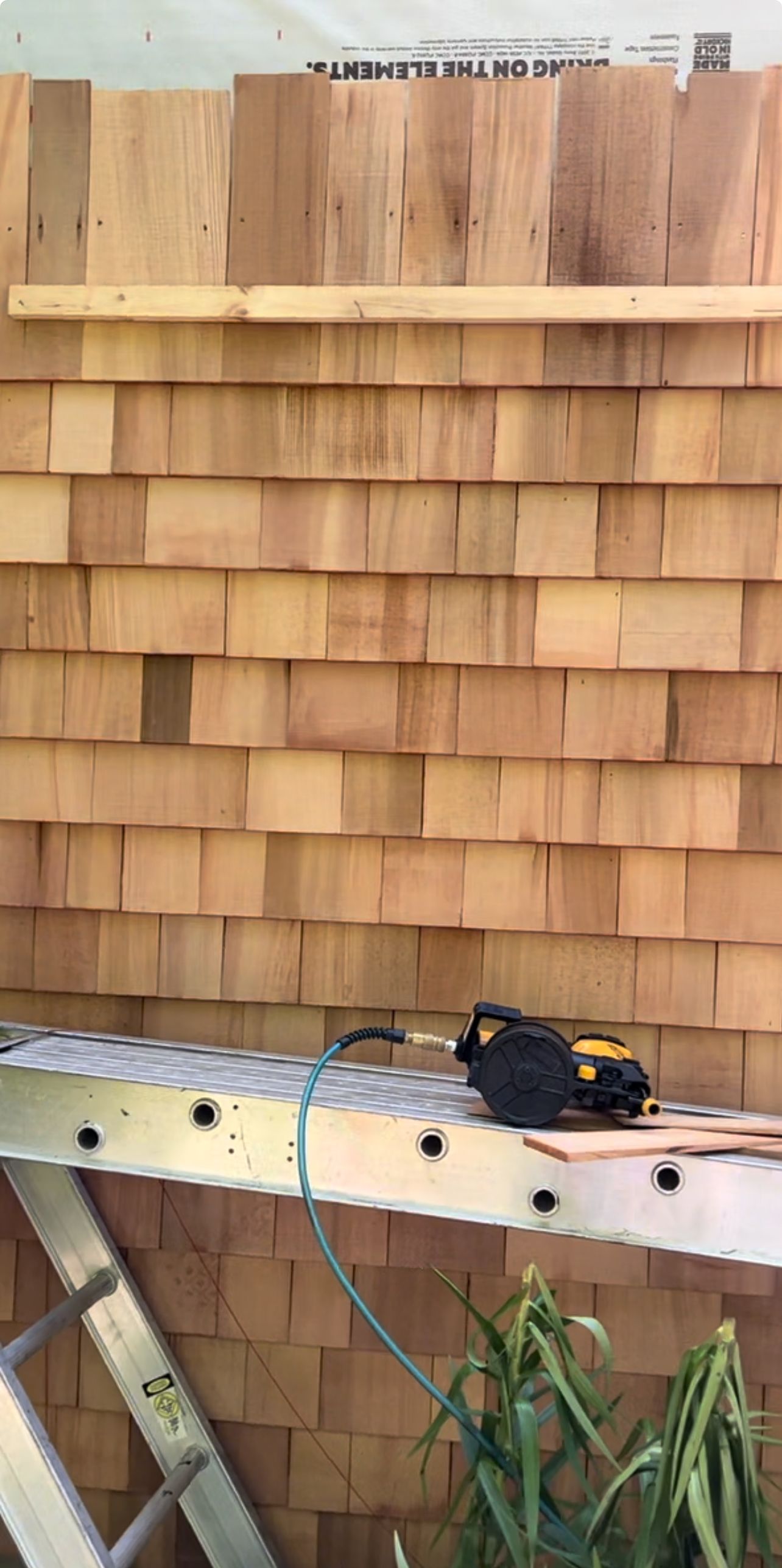 Wood shingle wall under construction with a workbench, saw, and potted plant in front.
