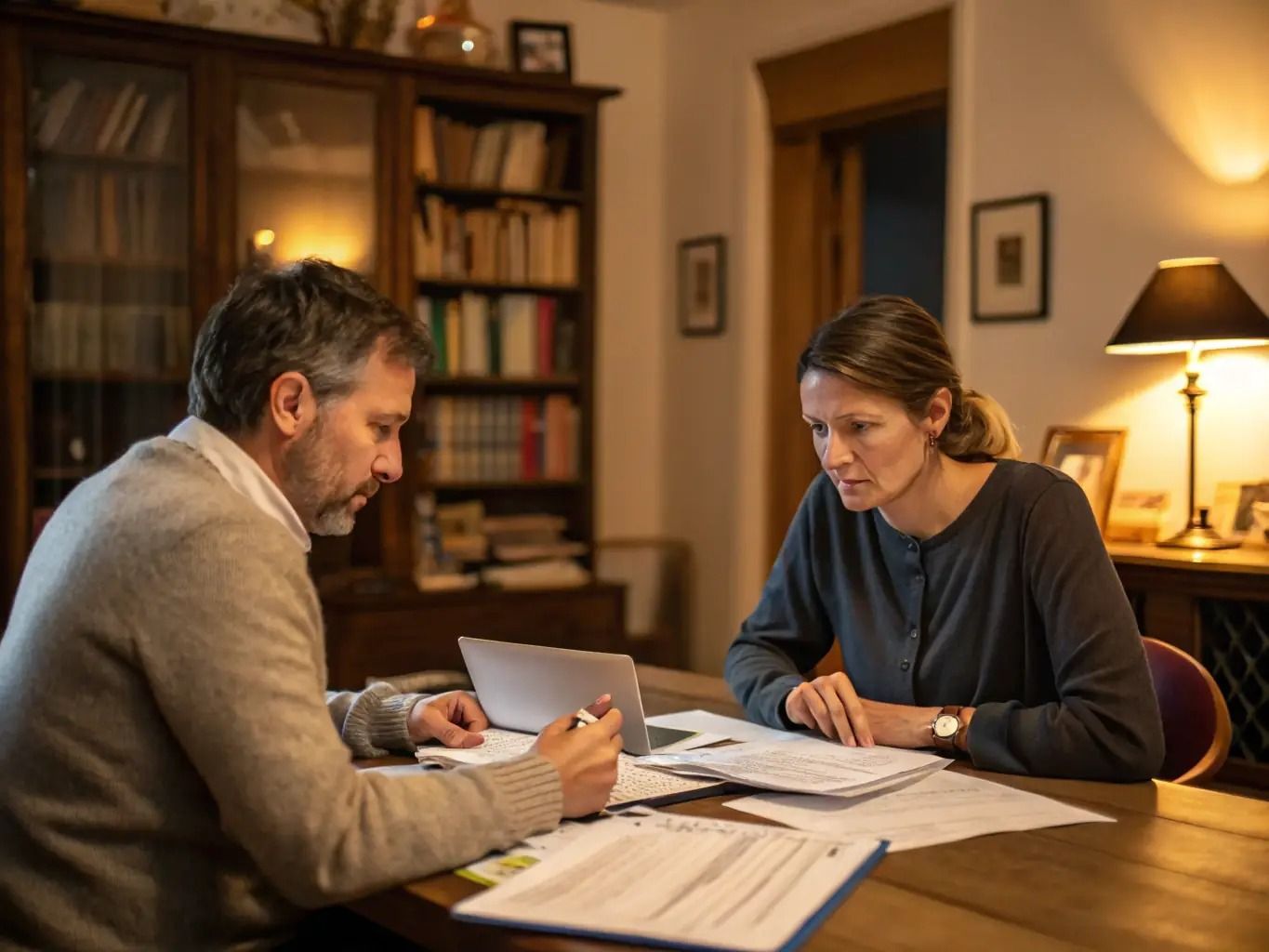 Two people reviewing documents at a wooden table in a warmly lit office