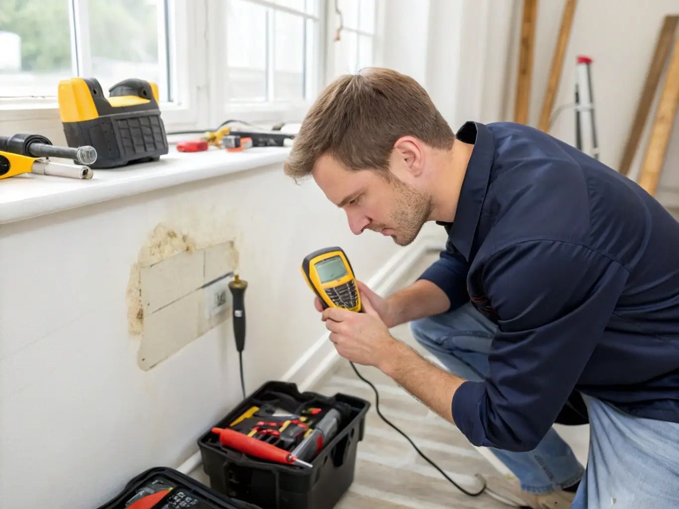 Electrician testing a wall outlet with a multimeter beside an open toolbox in a bright room