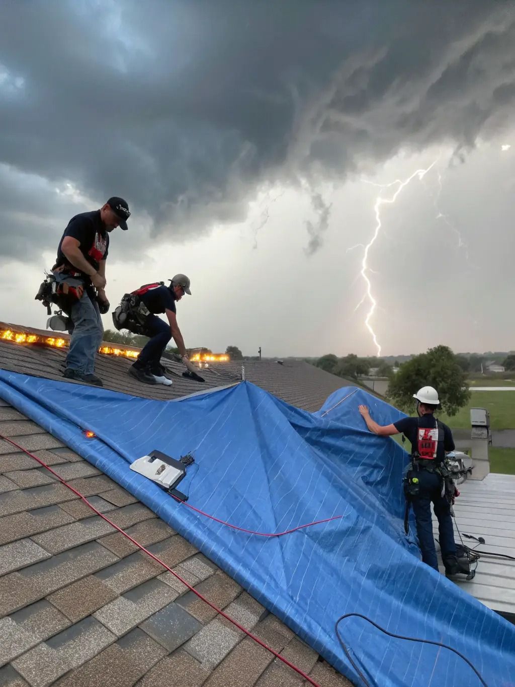 Roofers securing a blue tarp on a house roof during a storm, with lightning striking in the background.