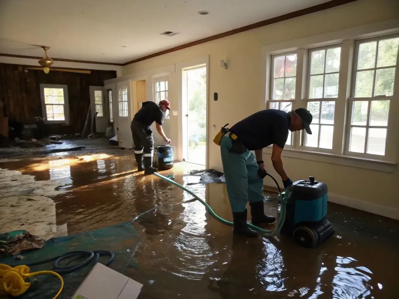 Workers cleaning floodwater from a damaged room with wet floors, windows, and equipment