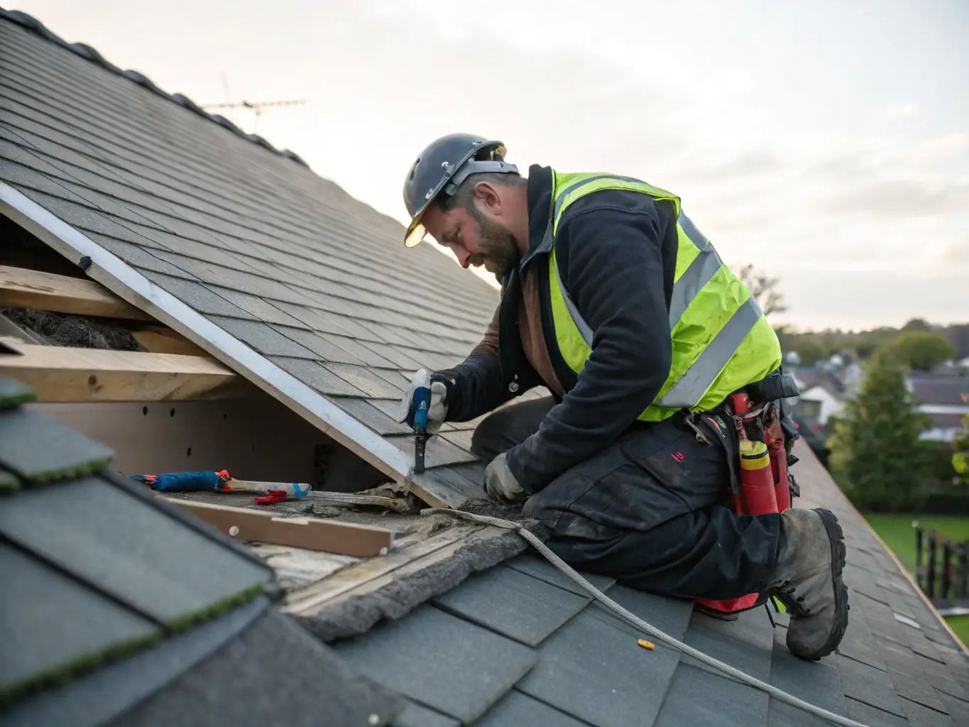 Worker in safety vest repairing a roof, kneeling on gray shingles with tools nearby.