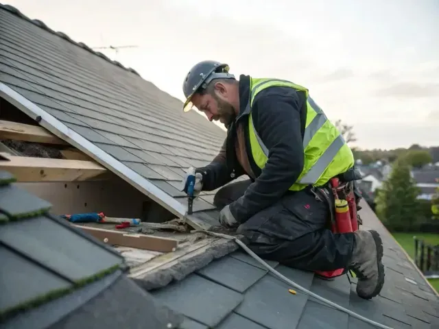Worker repairing a roof, kneeling on gray shingles with tools and a safety vest.