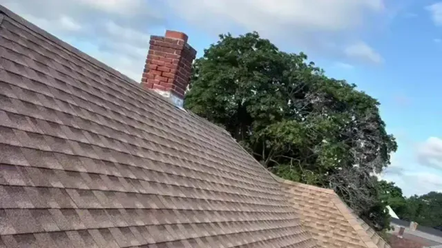 Tilted view of a shingled roof with a brick chimney and trees against a blue sky