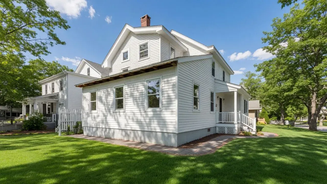 White two-story house with dormer windows and a porch, surrounded by green lawn and trees under a blue sky