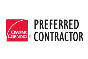 Owens Corning Preferred Contractor logo: red square with white arched line, text 