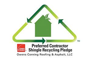 Owens Corning Preferred Contractor Shingle Recycling Pledge logo. Green house inside triangle with arrows, leaves, red logo text.