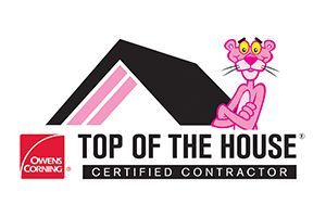 Logo of Owens Corning Certified Contractor, Pink Panther leaning on a roof.