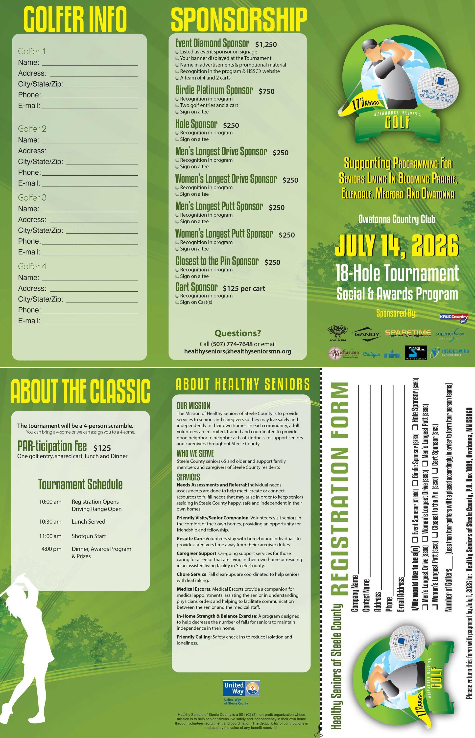 Golf tournament flyer with green layout, sponsor and registration details, and July 14, 2026 date.