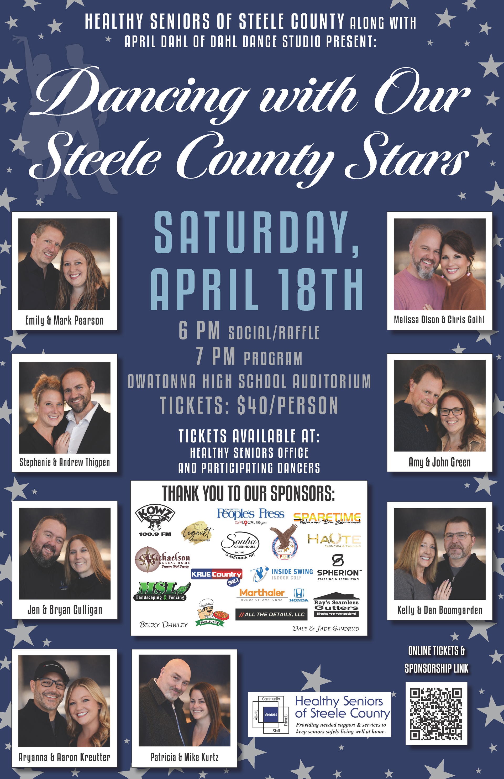 Poster for the Dancing with Our Steele County Stars event. Includes headshots, date, and sponsors.