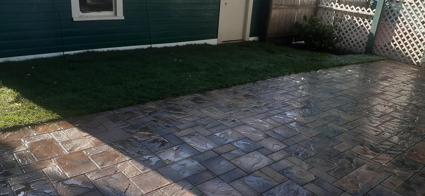 Wet brick patio next to a patch of green grass, near a green building.