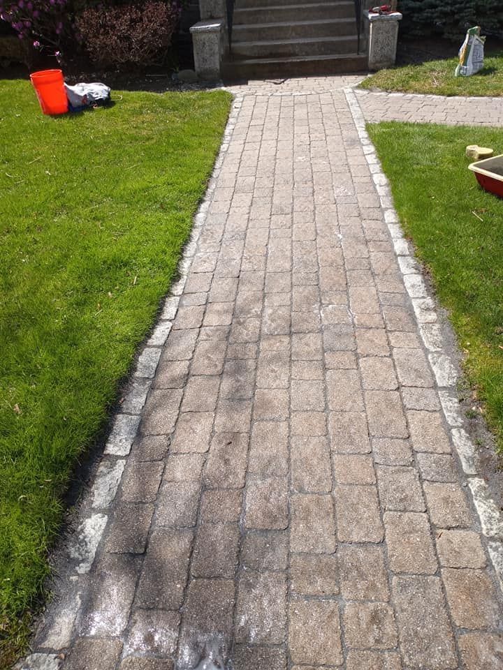 Stone walkway leading to a house with steps, flanked by green grass and a gray border.