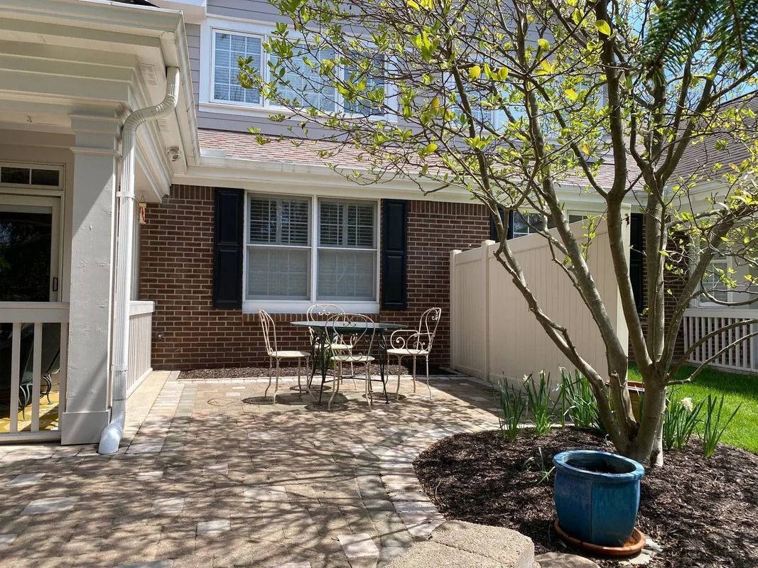 Patio with brick house wall, white-trimmed windows, patio table, and a tree in a blue pot under sunlight