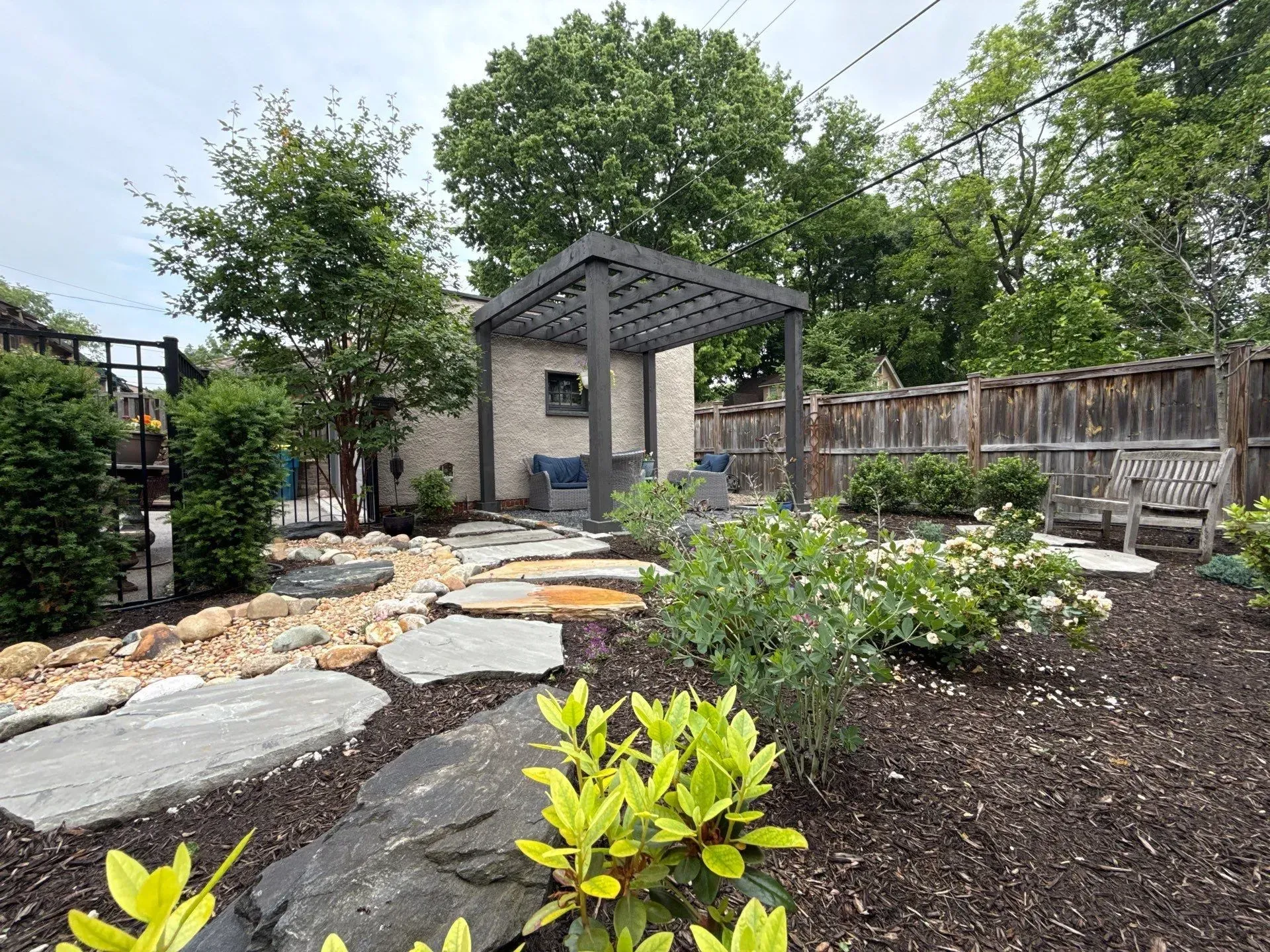 Backyard garden with stone path, pergola, shrubs, and a small shed under trees