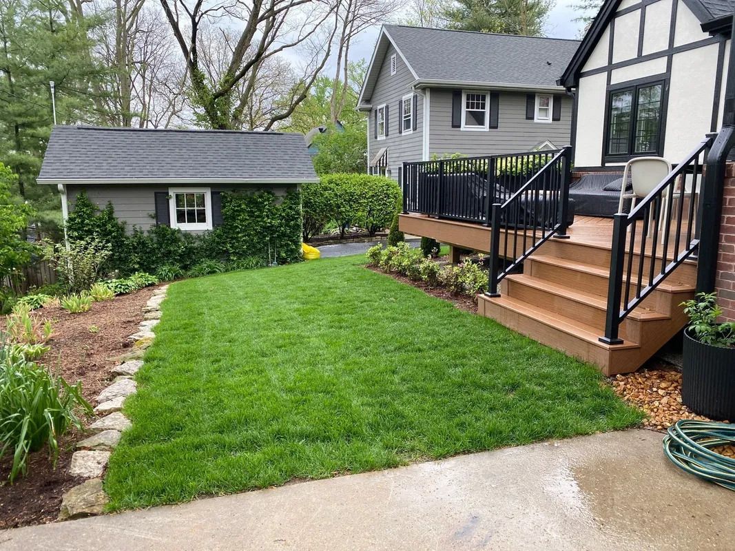 Backyard with green lawn, wooden deck steps, and small gray shed beside a house