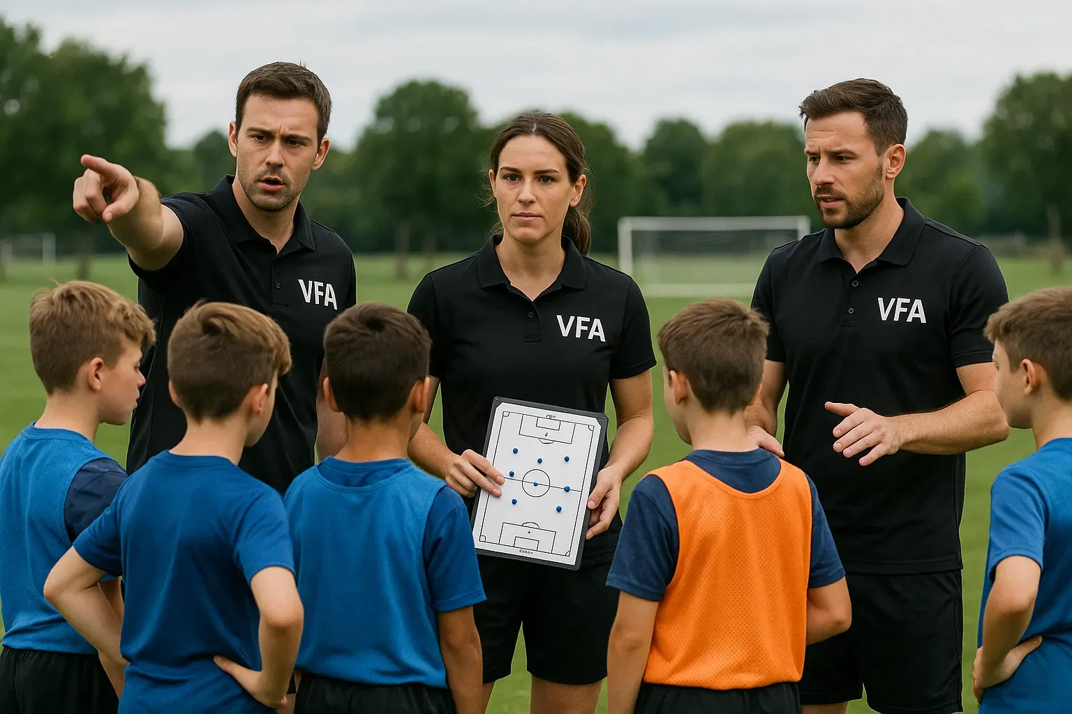 Soccer coaches in black polos with kids in blue shirts on a field, strategizing.