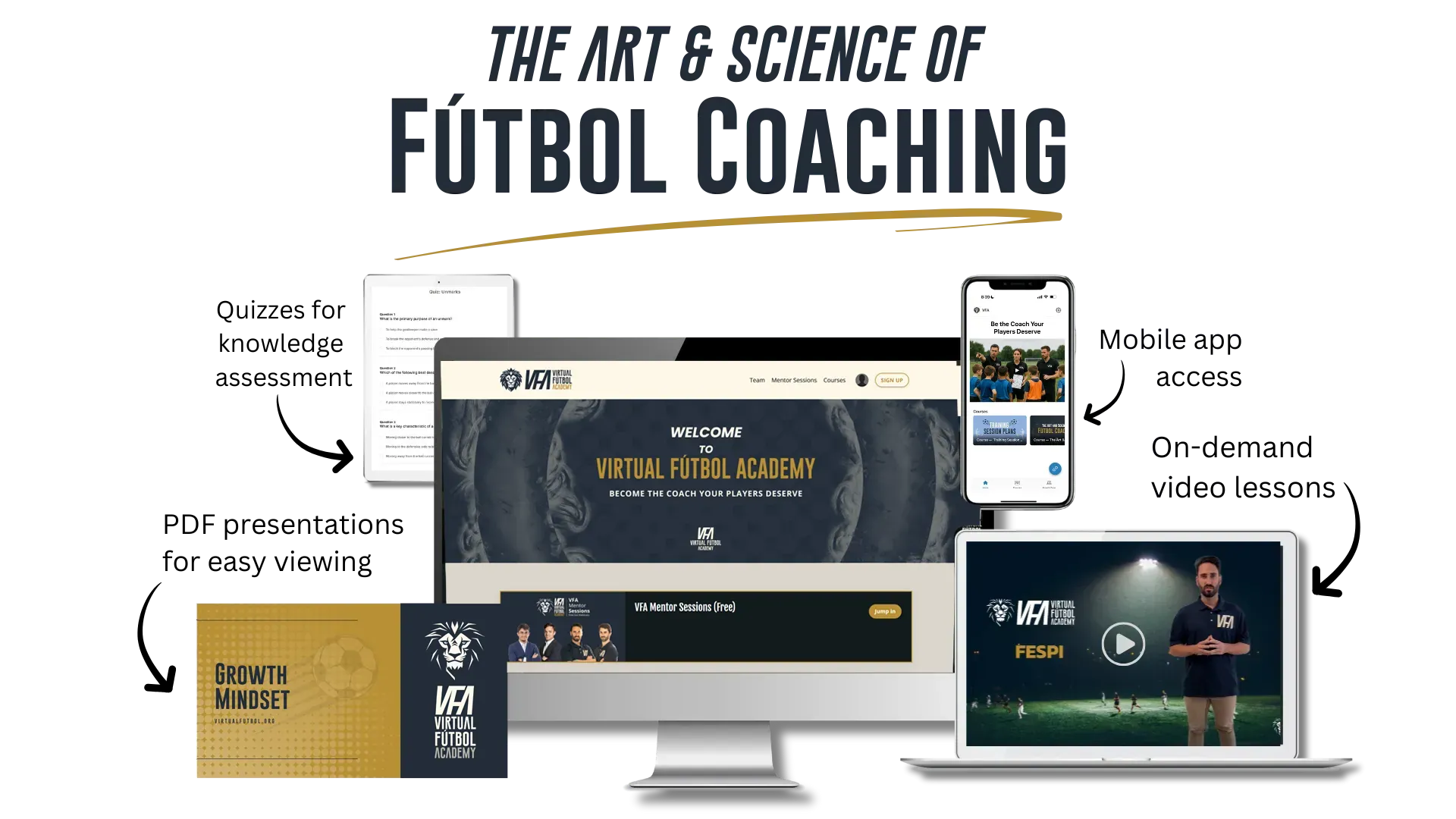 Promotional graphic for a soccer coaching course, showcasing online access, resources, and video lessons.