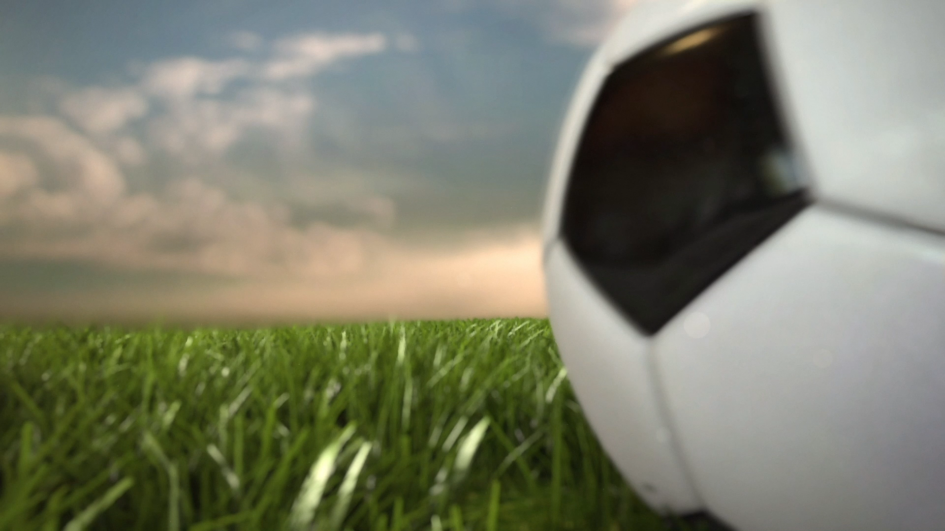 Soccer ball on a green grassy field under a cloudy sky.