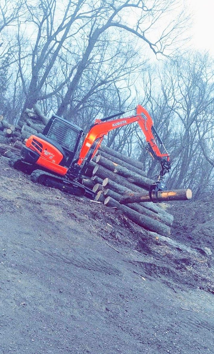 orange tree service truck with large logs