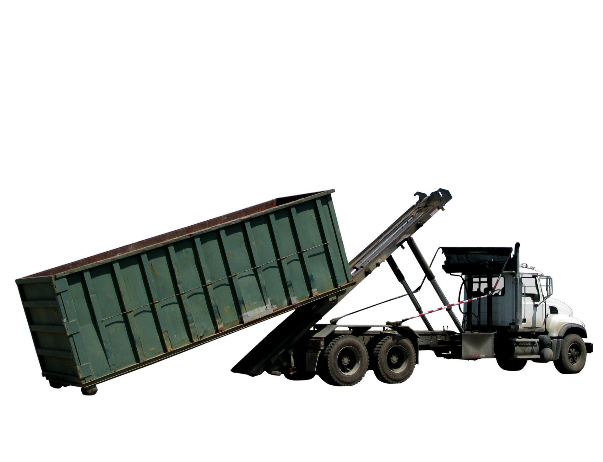Green dumpster being lifted by a truck for disposal.