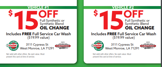 Two coupons for $ 15 off full synthetic or synthetic blend oil change