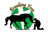Logo: Horse silhouette, kneeling person, cross, 