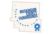 Muskingum County Fairgrounds logo with county outline and blue ribbon.