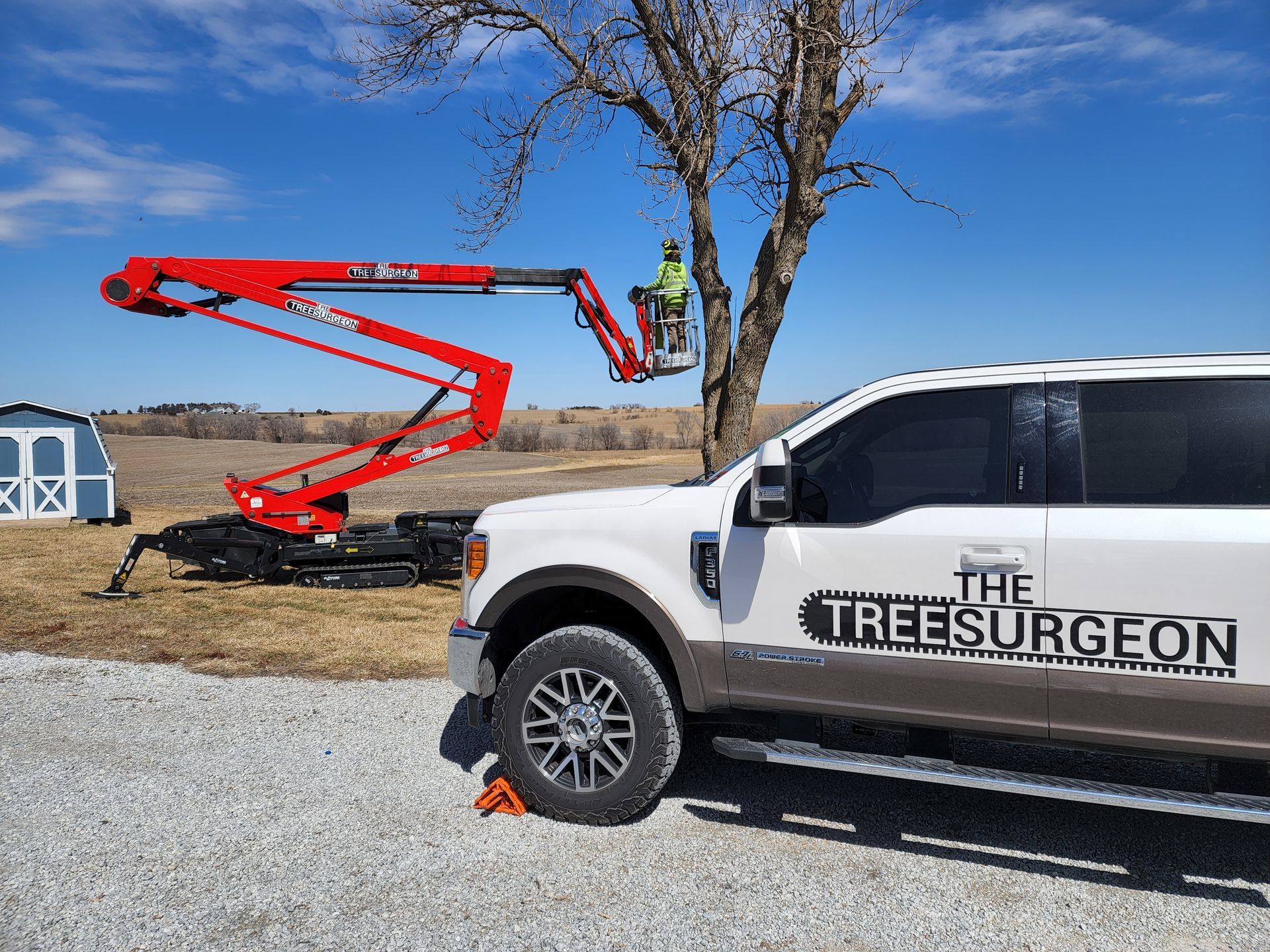 Tree surgeon trimming a tree using a red lift, with a truck bearing company logo. Outdoors on a sunny day.