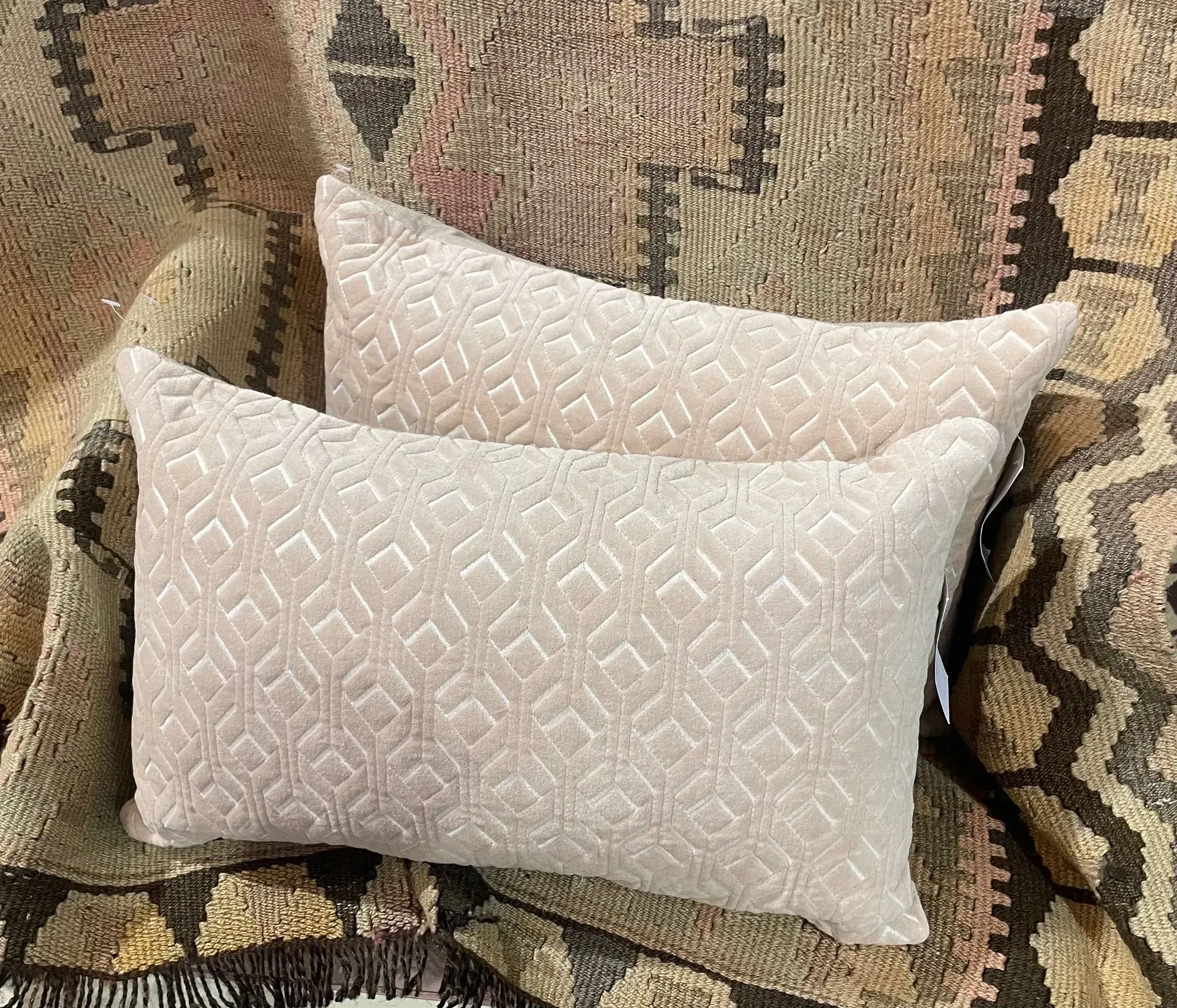 Two pillows are sitting on top of a rug.