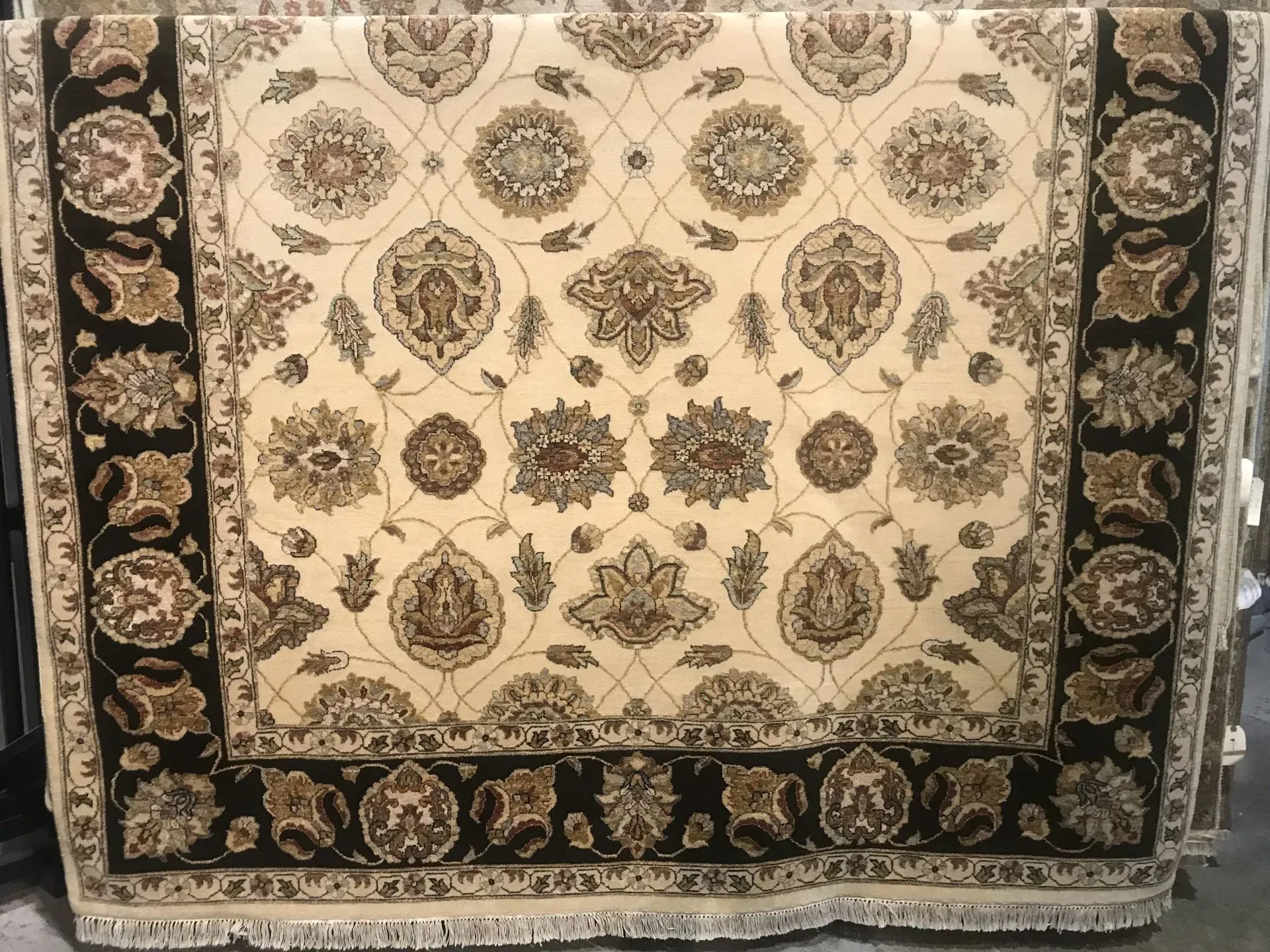 A rug with a detailed pattern on it.