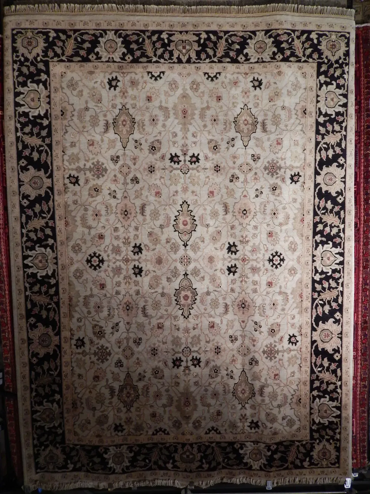 A rug with a detailed pattern on it.