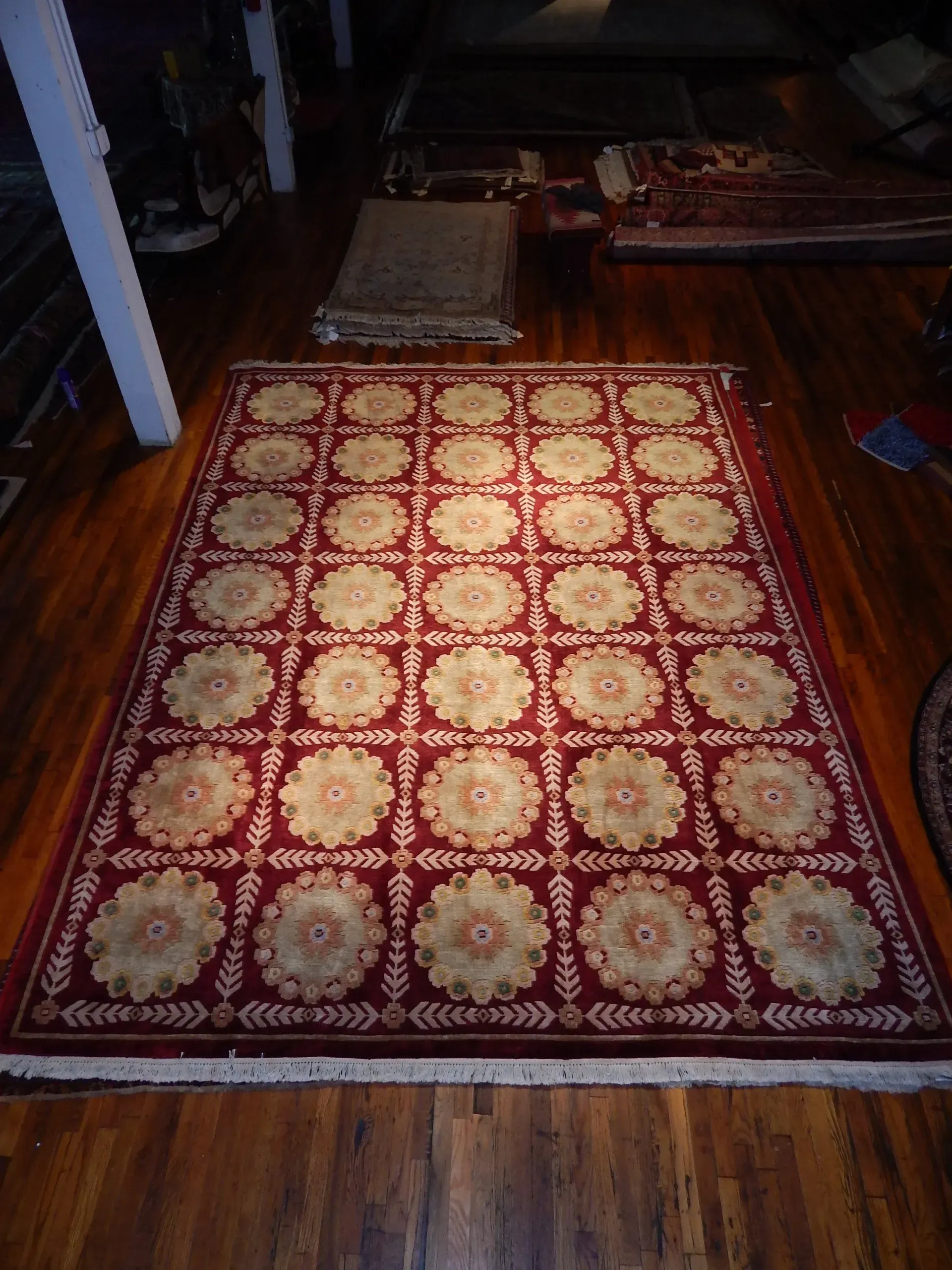 A rug with a detailed pattern on it.