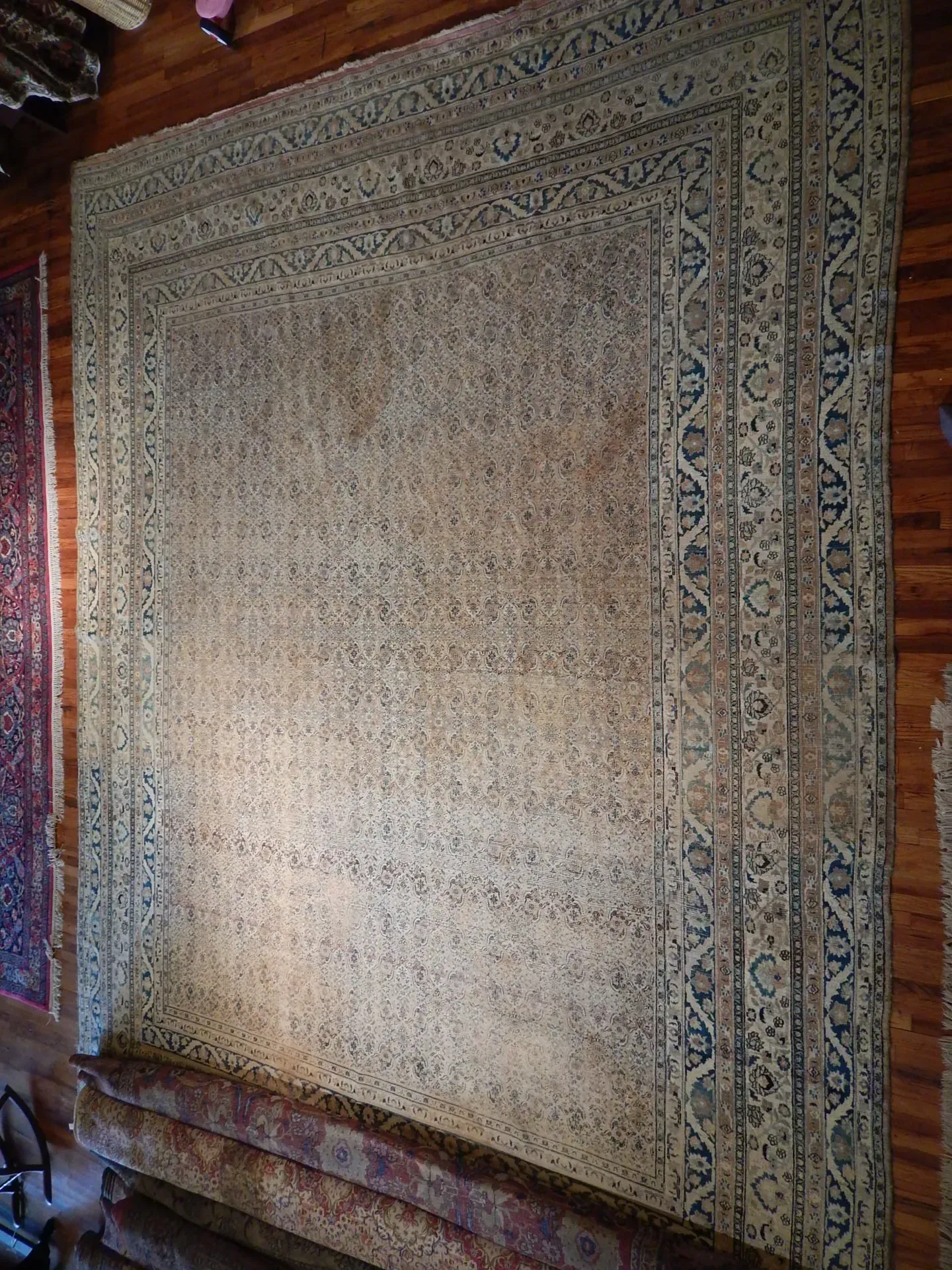A rug with a detailed pattern on it.