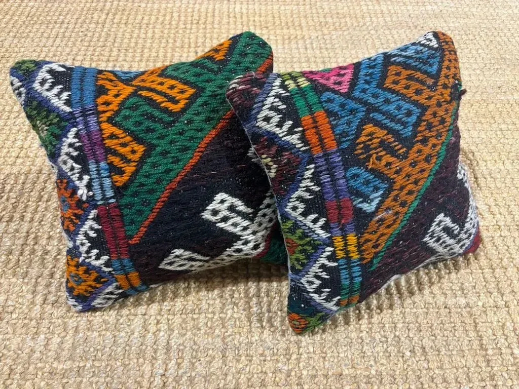 Two colorful pillows are sitting on top of a carpet.