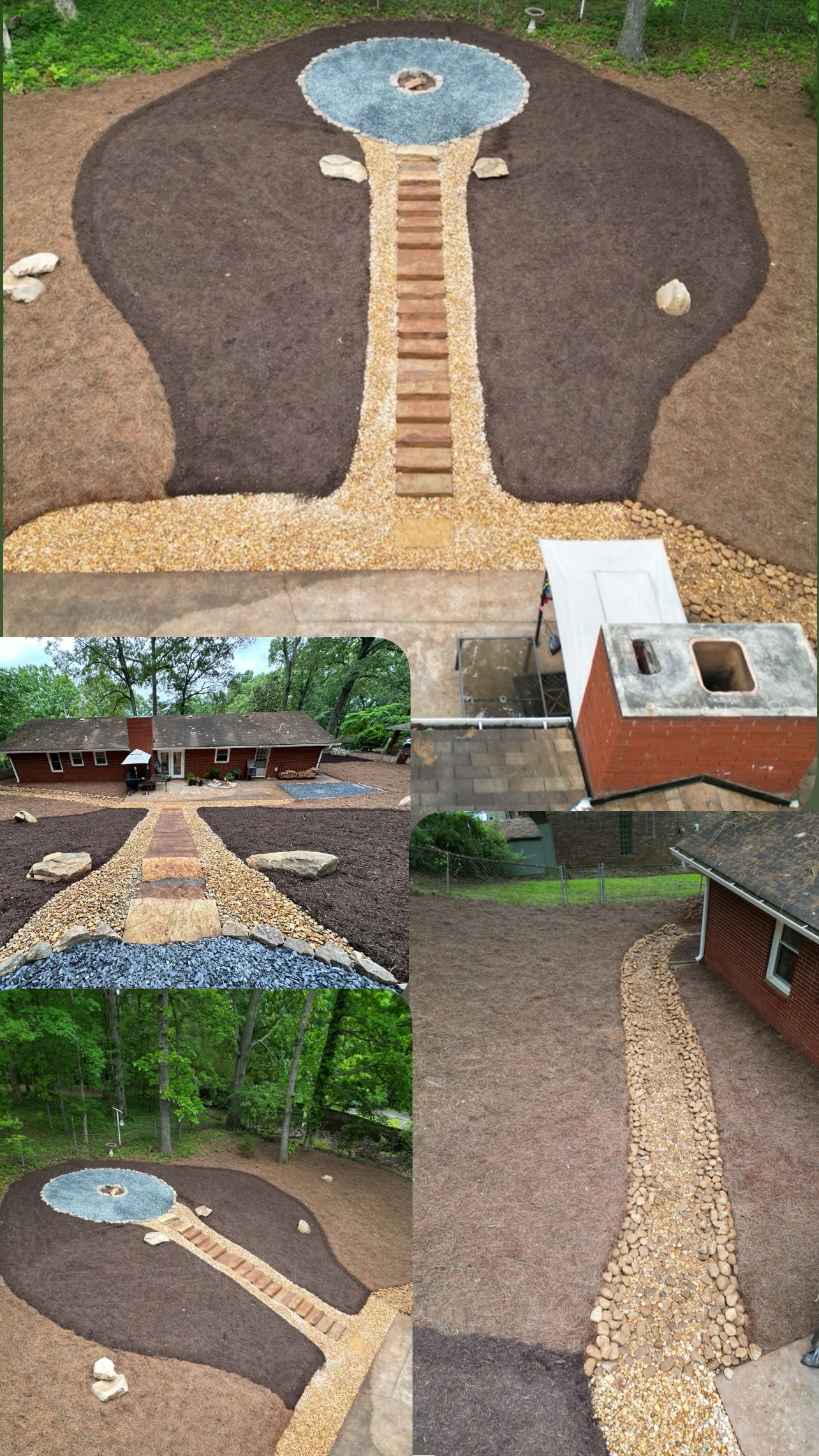 A collage of pictures of a garden with a fountain in the middle.