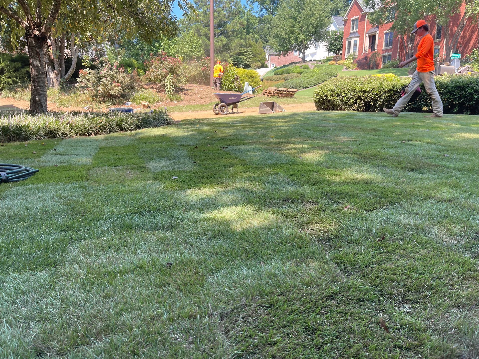A man is mowing a lush green lawn in a park.