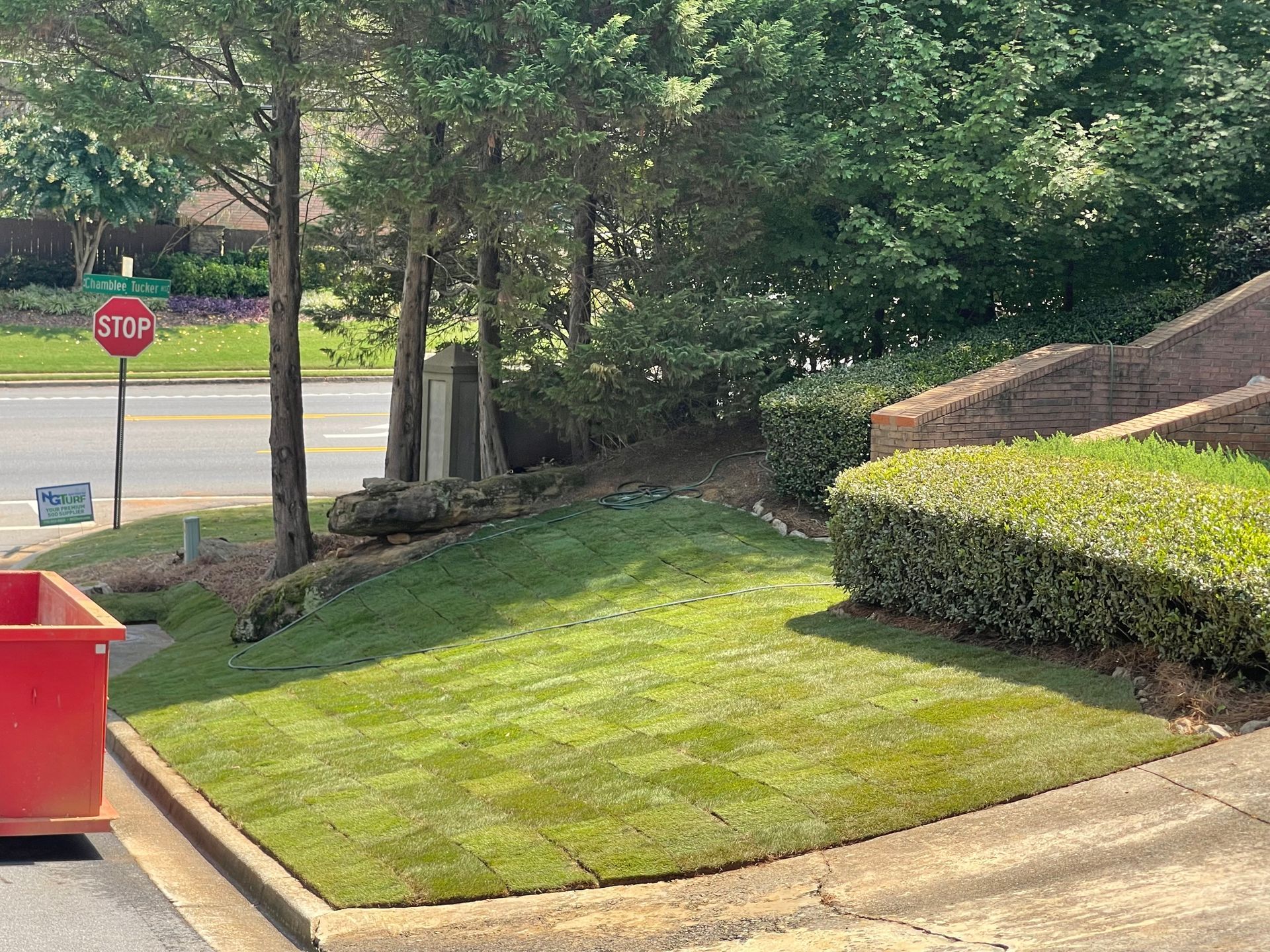 A red dumpster is parked in front of a lush green lawn.