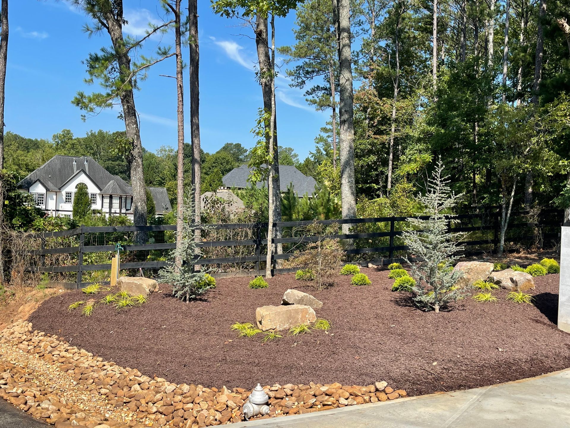 A garden with a fence and trees in the background and a house in the background.